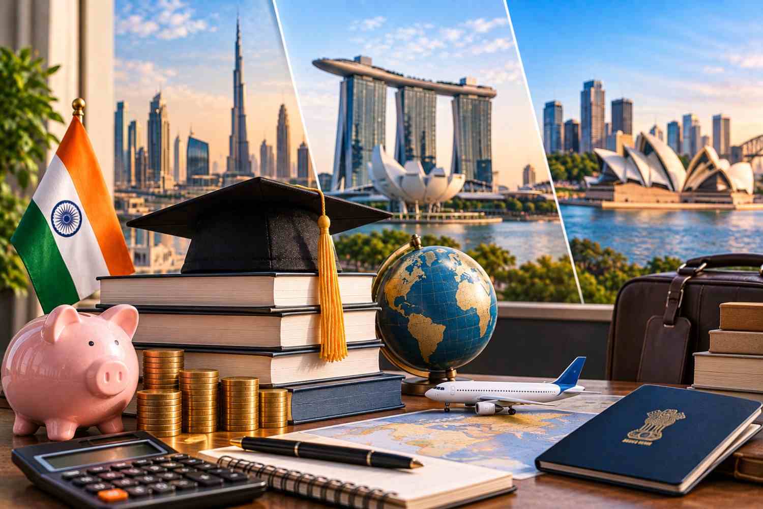 SP Jain Global MBA fees for Indian applicants represented with an Indian flag, graduation cap, globe, coins, calculator, passport, and international city skylines.